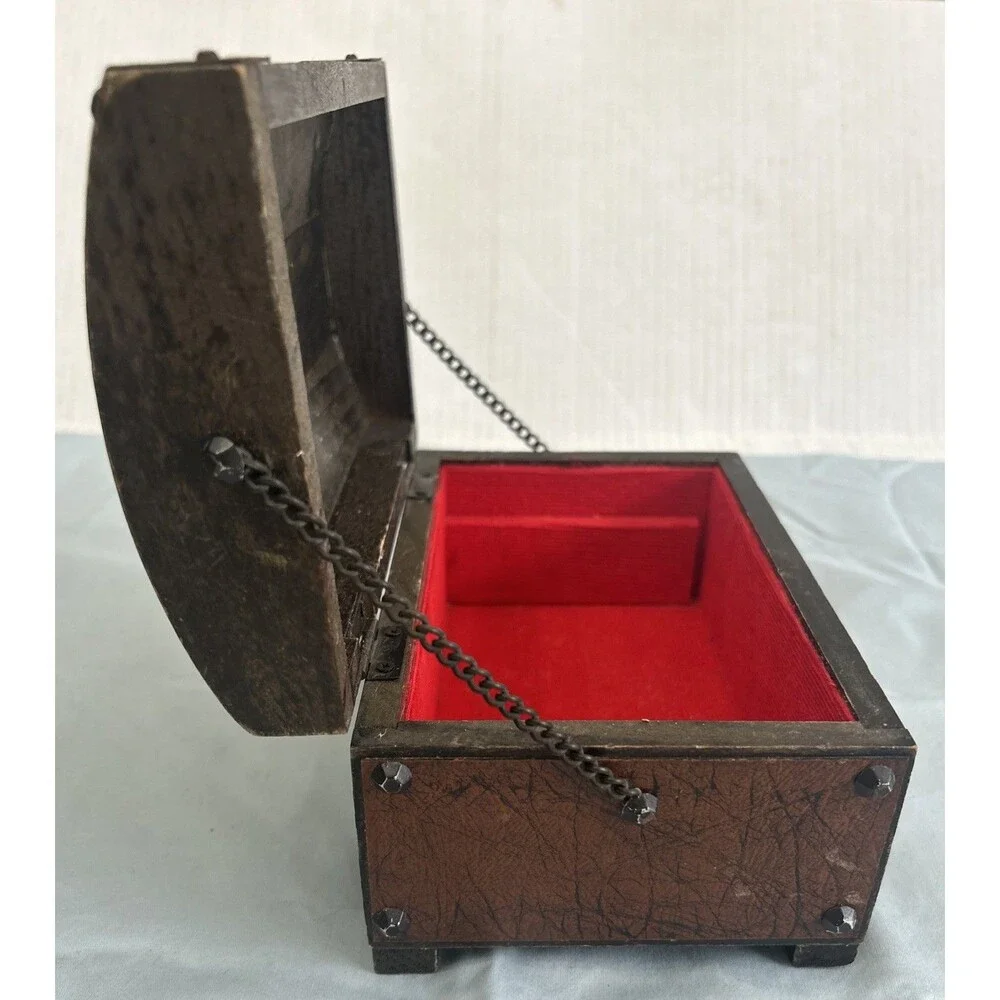 Vintage Wood Leather Metal Pirate Treasure Chest Jewelry Box